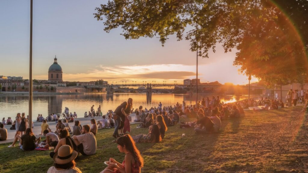 Couché de soleil sur les bords de la Garonne à Toulouse, avec une foule réunie face au Dôme de La Grave