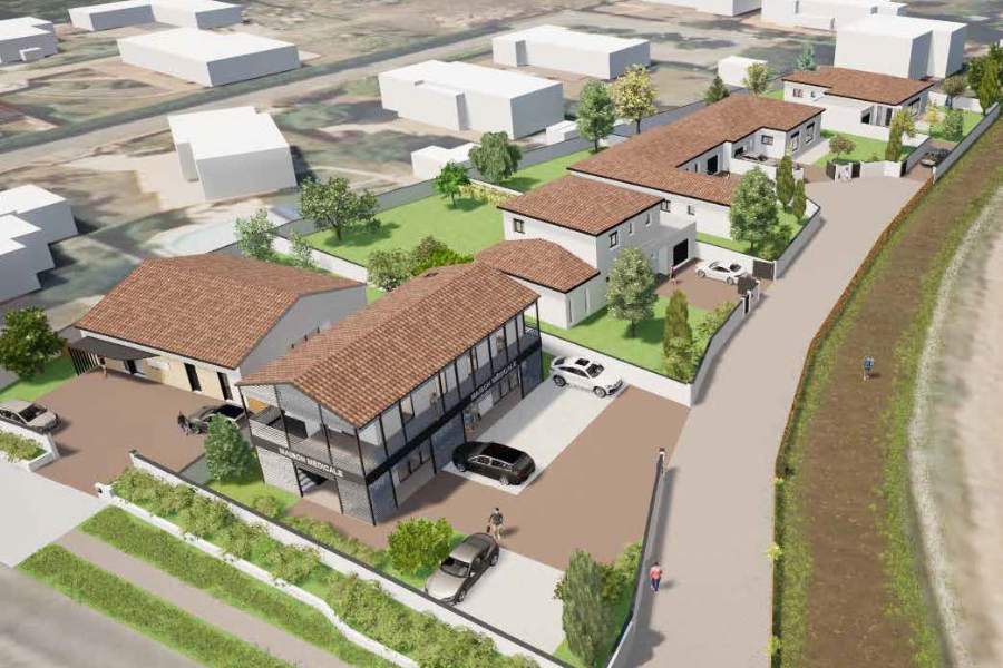 Vue 3D et plans pour la construction d'un local commercial à proximité de Toulouse